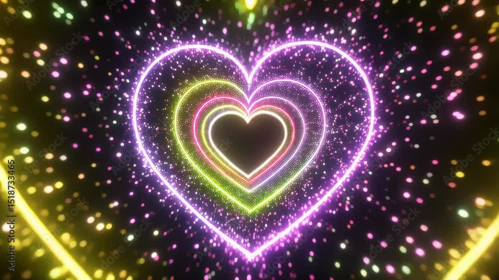 Poster vibrant colorful heart shaped tunnel with glowing particles floating around on a dark background