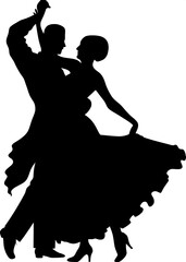 "Silhouette of a couple locked in a passionate ballroom paso doble. The man's pose is angular and dramatic, while the woman’s dress flares like a cape. Minimalist swirls evoke a sense of rhythm and fl