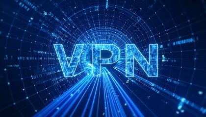 Futuristic VPN concept. Network security, encryption, and online privacy. Digital tunnel with glowing data streams. Ideal for technology, cybersecurity, or business projects.
