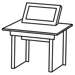 Desk with monitor isolated on transparent background in line art style