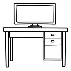 Desk with monitor isolated on transparent background in line art style
