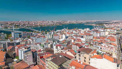 The view from Galata Tower to Galata Bridge timelapse Golden Horn, Istanbul, Turkey