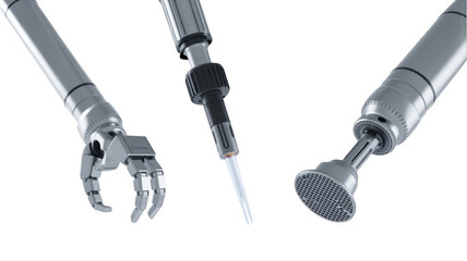 Robotic arm, pipette dispensing liquid and vacuum tool are depicted on a transparent background, showcasing automation in a laboratory setting