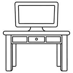 Desk with monitor isolated on transparent background in line art style