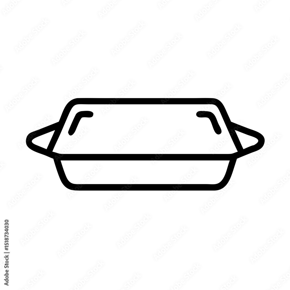 Poster outline drawing of a rectangular baking dish with handles on either side in a simple design style