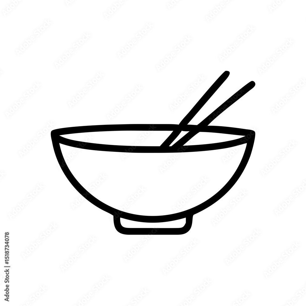Poster a simple graphic of a bowl with chopsticks resting inside, presented in a minimalist line drawing st