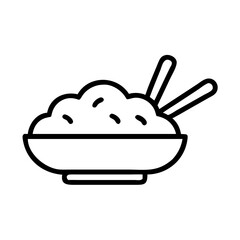Bowl of asian cuisine with chopsticks on a white background, simple line drawing style icon design