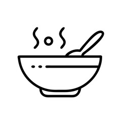 Outline drawing of a bowl with steam and a spoon inside ready to be eaten for lunch or dinner time