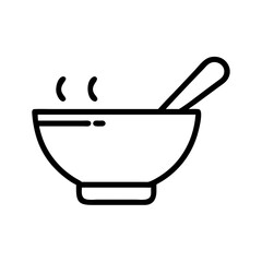 Outline drawing showing a bowl of hot food with a spoon, simple design, black lines, white background