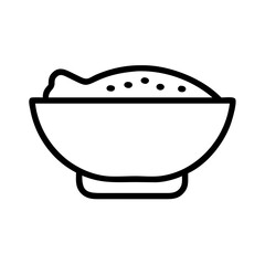 A simple graphic showing a bowl filled with food and small dots on top in a black outline design