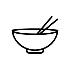 A simple graphic of a bowl with chopsticks resting inside, presented in a minimalist line drawing style