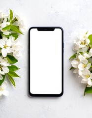 Blank Smartphone Screen Mockup with White Flowers and Greenery on a Textured White Background