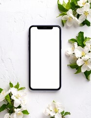 Blank Smartphone Screen Mockup with White Flowers and Greenery on a Textured White Background