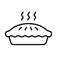 Outline drawing of a steaming baked dessert in a dish with decorative crust design and wavy steam lines