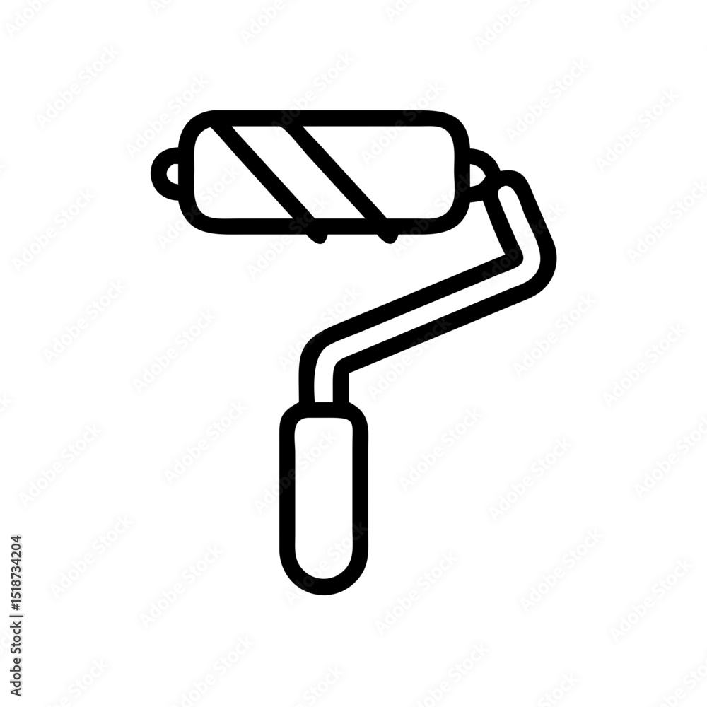 Poster a simple graphic of a paint roller with a handle and roller with stripes on a plain white background