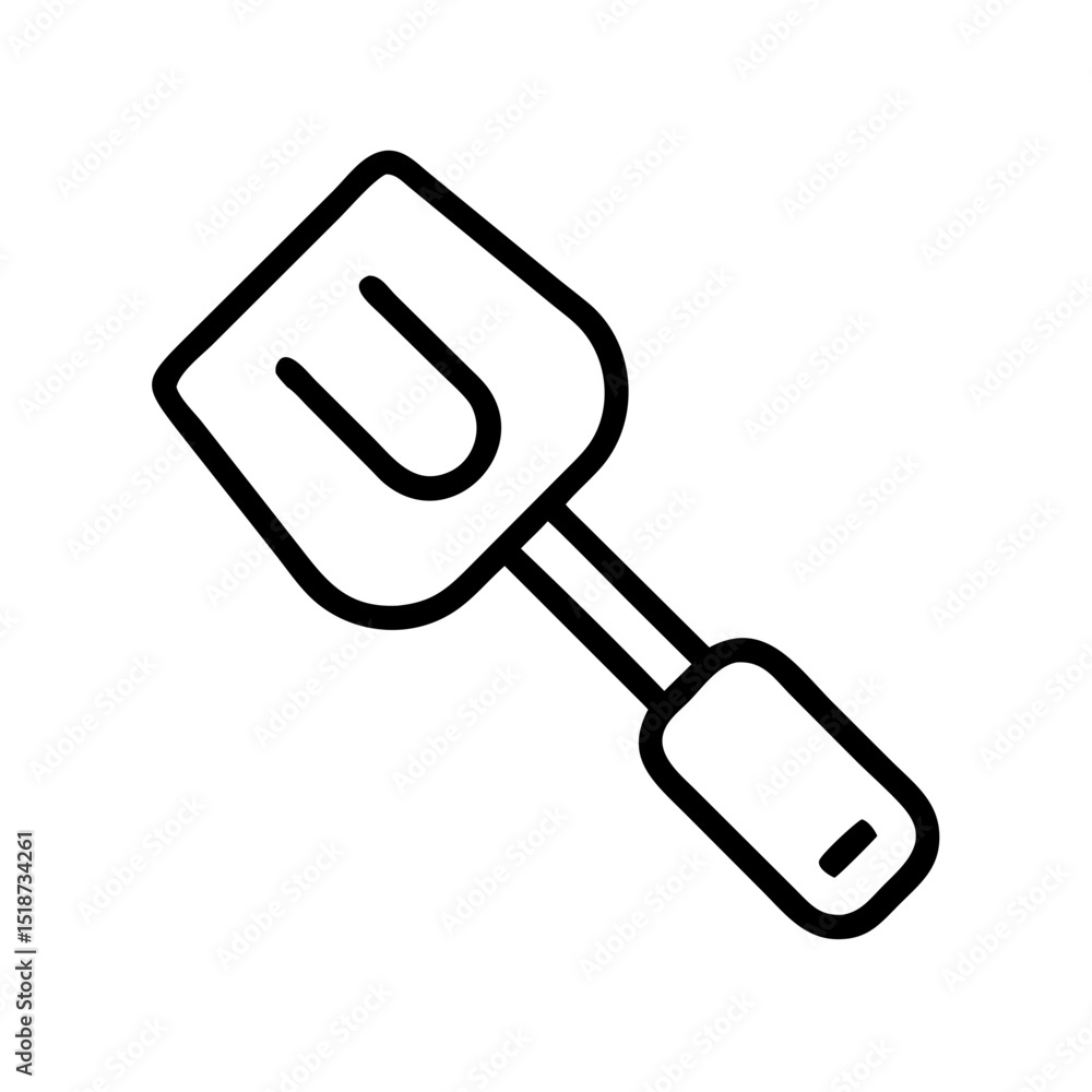 Poster outline drawing of a small hand tool with a rectangular head and handle for digging or scooping soil