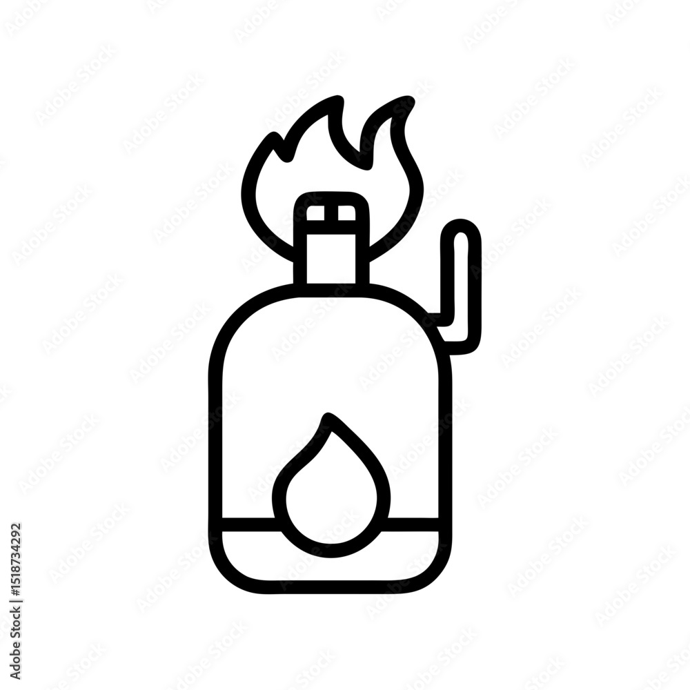 Poster Outline drawing of a burner with a flame on top and a drop shape inside the container design element