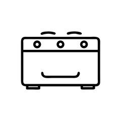 Simple line drawing of a kitchen appliance with three knobs and a curved handle on white background