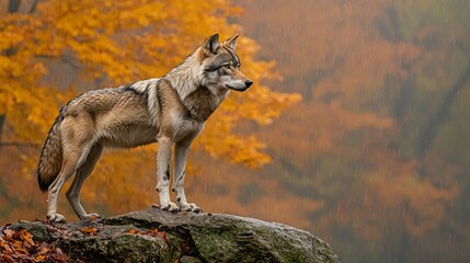 Obraz premium Gray Wolf on Autumn Rock