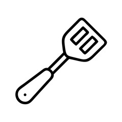 Outline drawing of a kitchen utensil used for flipping food on a grill or in a pan, a turner tool 100
