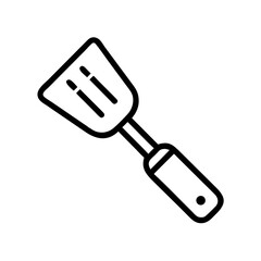 A simple graphic of a kitchen utensil with a rectangular handle and a slotted head design for cooking