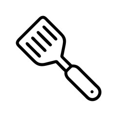 A simple graphic of a slotted turner with a rounded handle on a white background for culinary use