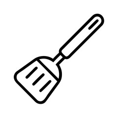 Outline graphic showing a kitchen utensil with a handle and slotted head for cooking tasks at home
