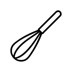 Outline drawing of a kitchen utensil used for mixing ingredients with a handle and wire loops design