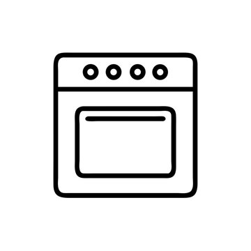 A simple graphic of an oven with four circular controls on the top panel in black outline style
