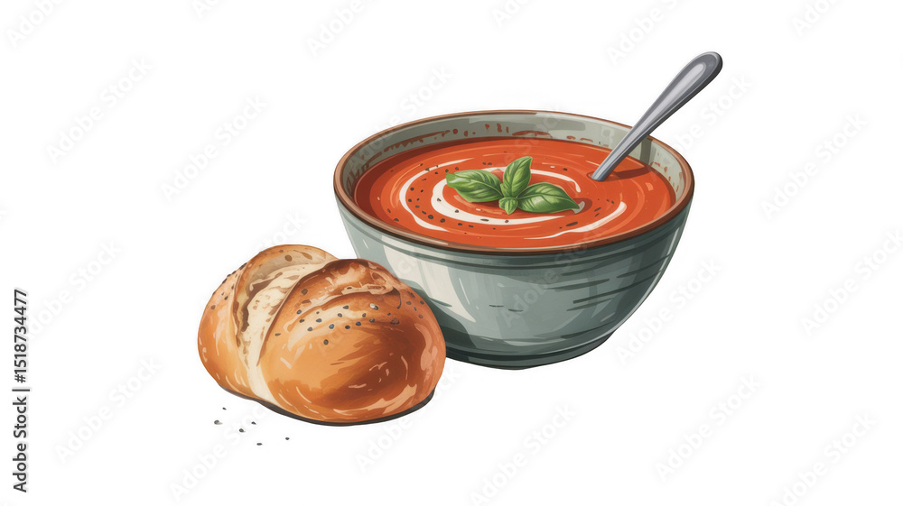 Poster creamy tomato soup served in a bowl with a bread roll and basil on a transparent background, creatin