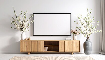 Blank Screen Smart Tv Mockup in Minimalist Living Room with White Blossoms