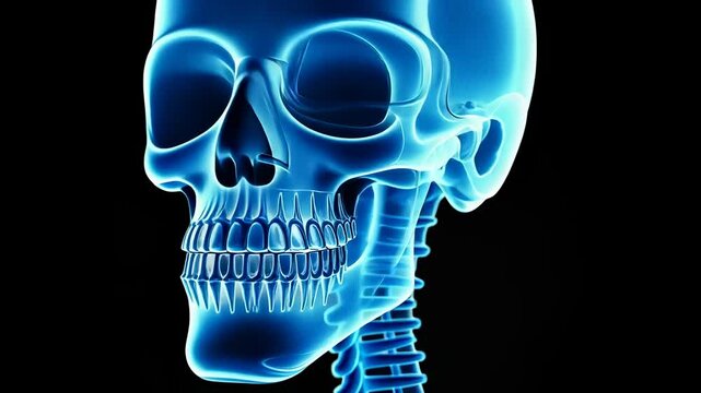 X-ray dental, tooth decay, oral health. Dental diagnosis. Teeth radiate under blue illumination. Jaw structure determines chewing efficiency. Radiography helps detect abnormalities.