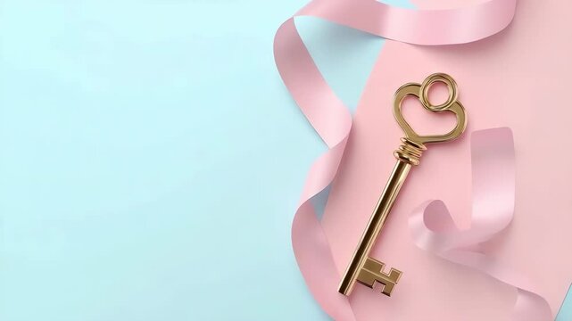 A golden key is on a pink ribbon. The ribbon is on a blue background. The key is the main focus of the image