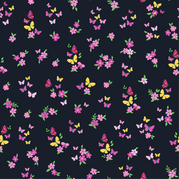 Cute butterfly florals prints. kids fabric. textile seamless pattern. Navy base colourful flowers and butterflies print for home, clothing, wallpaper
