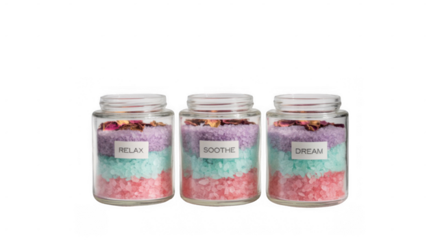 Colorful bath salts layered in glass jars with dried flowers and labels reading relax, soothe, and dream, evoking a sense of tranquility and self care on a transparent background