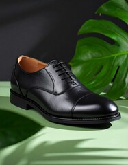 Black Leather Men's Dress Shoe Mockup with Green Leaves and Shadow