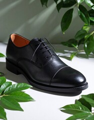Black Leather Men's Dress Shoe Mockup with Green Leaves and Shadow