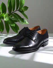 Black Leather Men's Dress Shoe Mockup with Green Leaves and Shadow