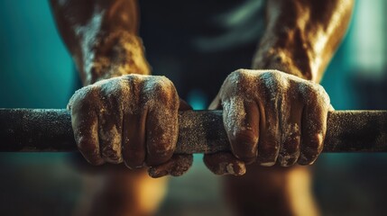 Close-up view of powerful hands gripping a barbell.