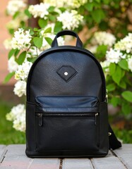 Black Leather Backpack with Floral Detail and Greenery