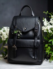 Black Leather Backpack with Floral Detail and Greenery