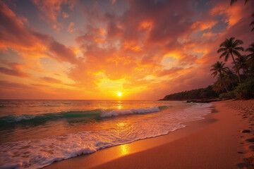 Obraz premium group of people walking on a beach at sunset