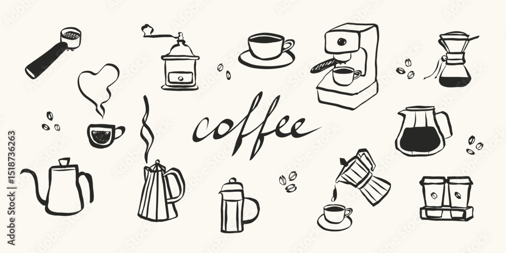 Poster coffee set in hand drawn doodle style. retro whimsical symbols for cafeteria menu and business break