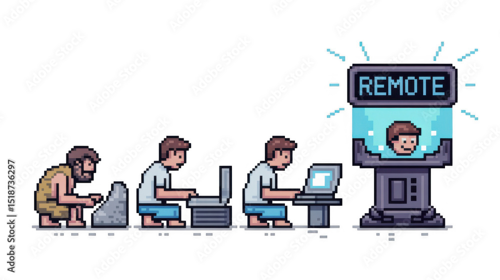 Aufkleber pixel art evolution of office work, starting from prehistoric times, progressing through the inventi