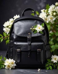 Black Leather Backpack with Floral Detail and Greenery