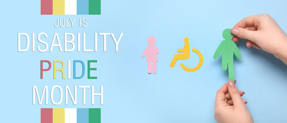 Hands with paper human figures on light blue background. Banner for Disability Pride Month