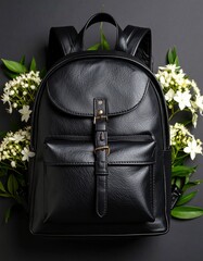 Black Leather Backpack with Floral Detail and Greenery