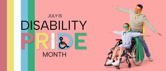 Little girl in wheelchair and her father dressed as superheroes on pink background