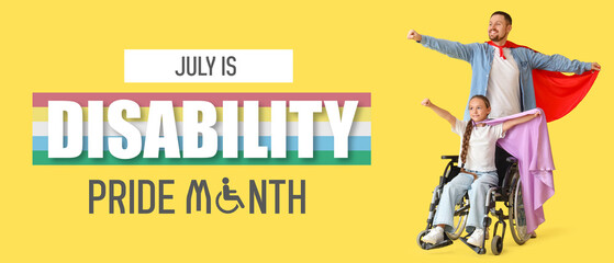 Little girl in wheelchair and her father with superhero capes on yellow background