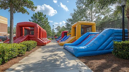 Colorful inflatable playground with slides and obstacles outdoors.